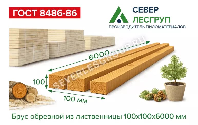 Брус из лиственницы 100х100х6000 1 сорт ГОСТ