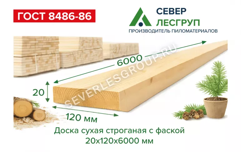 Доска сухая строганная с фаской 20х120х6000