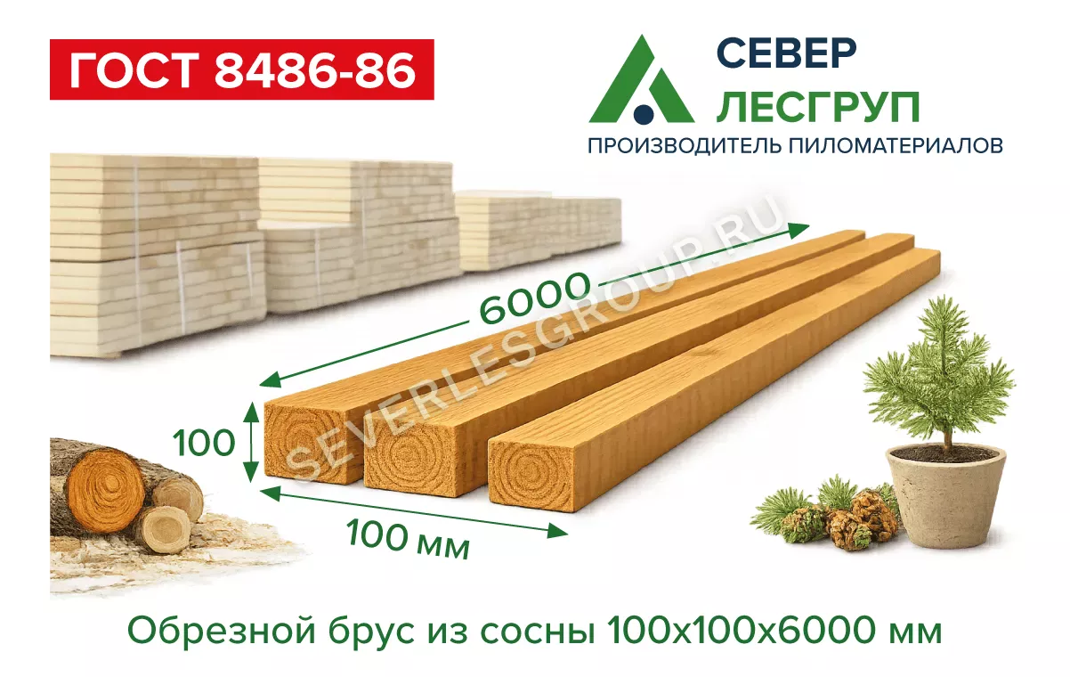 Брус обрезной из сосны 100х100х6000 1 сорт ГОСТ