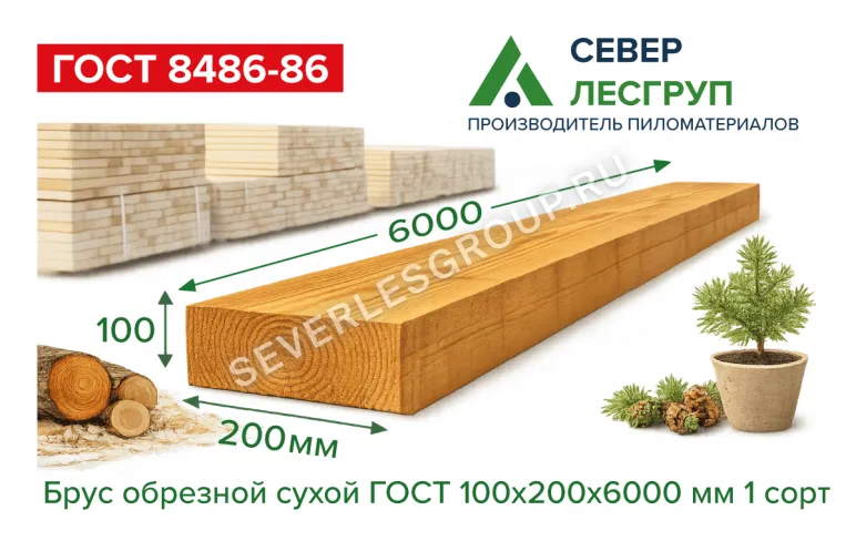 Брус обрезной сухой 100х200х6000 1 сорт ГОСТ