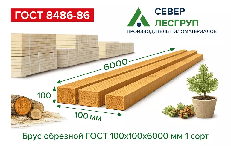 Брус обрезной 100х100х6000 1 сорт ГОСТ
